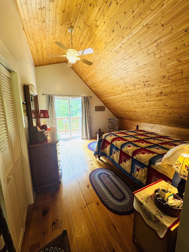 362 N Raymond Rd, Poland, ME 04274 - bedroom with access to exterior, wooden ceiling, wood-type flooring, vaulted ceiling, and a ceiling fan
