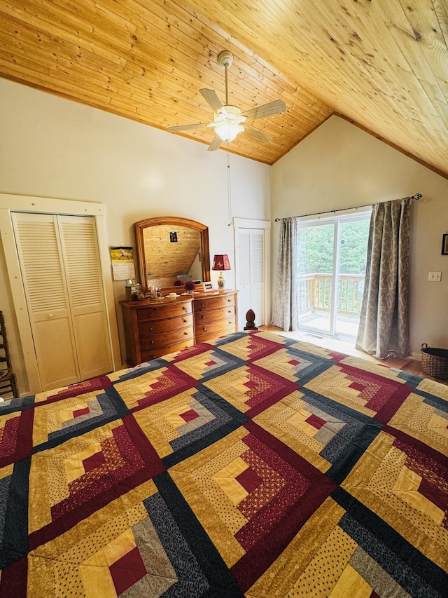 362 N Raymond Rd, Poland, ME 04274 - bedroom with lofted ceiling, wood ceiling, access to exterior, carpet, and a ceiling fan