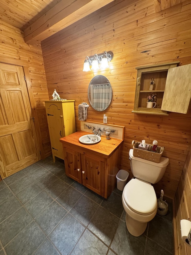 362 N Raymond Rd, Poland, ME 04274 - bathroom featuring tile patterned flooring, wooden walls, and beam ceiling