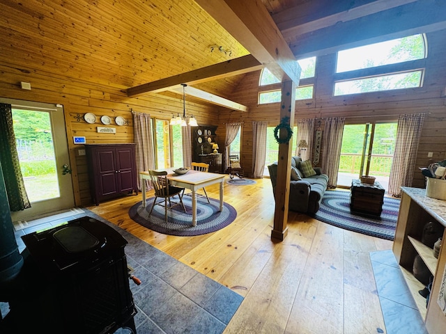 362 N Raymond Rd, Poland, ME 04274 - dining room with high vaulted ceiling, wooden walls, plenty of natural light, light wood-type flooring, and beamed ceiling