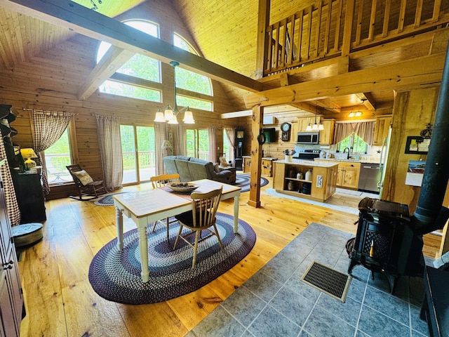 362 N Raymond Rd, Poland, ME 04274 - living area with high vaulted ceiling, a wood stove, a chandelier, light wood-style floors, and wooden walls