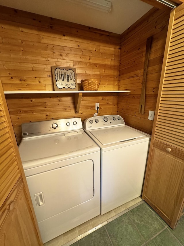 362 N Raymond Rd, Poland, ME 04274 - washroom featuring washing machine and clothes dryer and wood walls