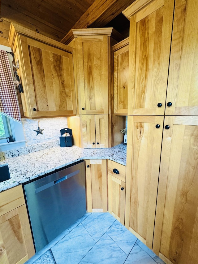 362 N Raymond Rd, Poland, ME 04274 - kitchen with stainless steel dishwasher, light brown cabinetry, wood ceiling, and light stone countertops