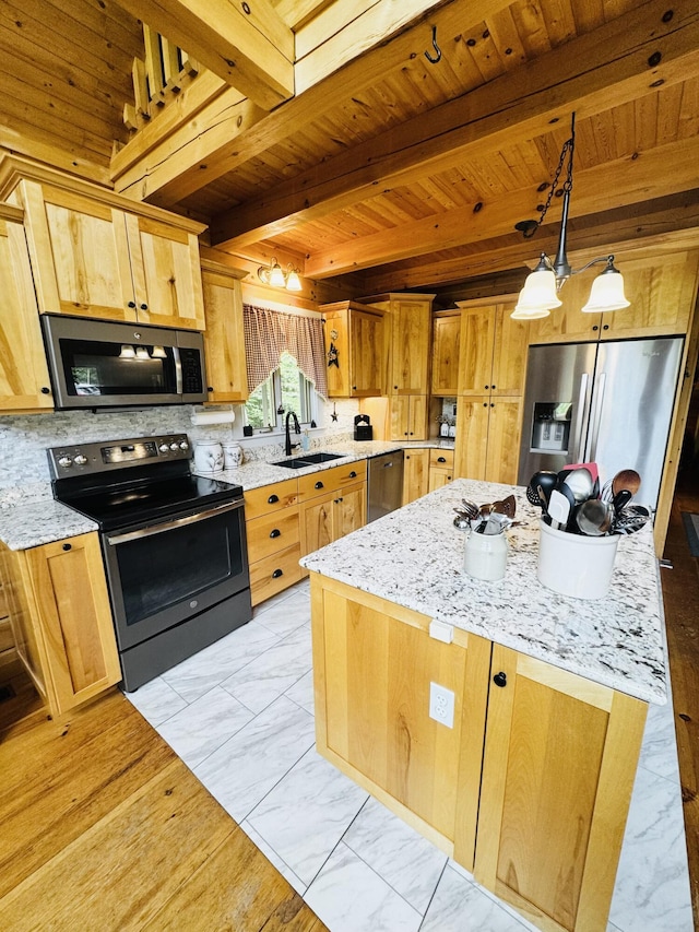 362 N Raymond Rd, Poland, ME 04274 - kitchen with stainless steel appliances, a wooden ceiling with exposed beams, a center island, light marble finish flooring, and light stone countertops