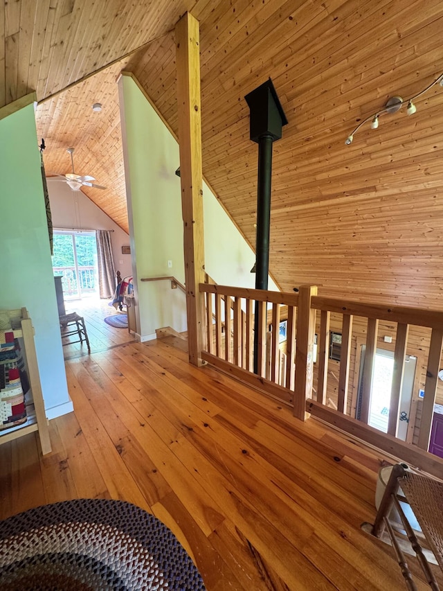 362 N Raymond Rd, Poland, ME 04274 - hallway featuring vaulted ceiling, hardwood / wood-style floors, wood ceiling, and an upstairs landing