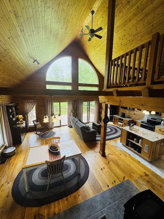 362 N Raymond Rd, Poland, ME 04274 - living area with high vaulted ceiling, ceiling fan, and hardwood / wood-style floors