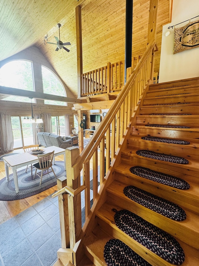 362 N Raymond Rd, Poland, ME 04274 - staircase featuring a ceiling fan, high vaulted ceiling, and wood ceiling