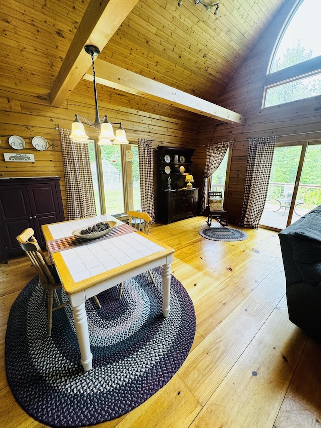 362 N Raymond Rd, Poland, ME 04274 - rec room with wooden walls, plenty of natural light, high vaulted ceiling, a wood ceiling with exposed beams, and hardwood / wood-style floors