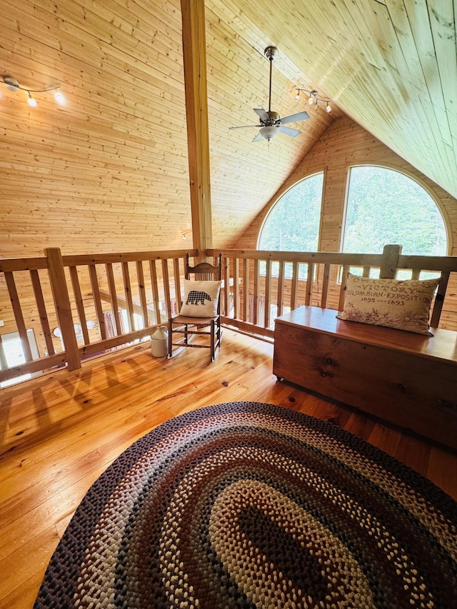 362 N Raymond Rd, Poland, ME 04274 - living area with wooden ceiling, vaulted ceiling, ceiling fan, rail lighting, and hardwood / wood-style flooring