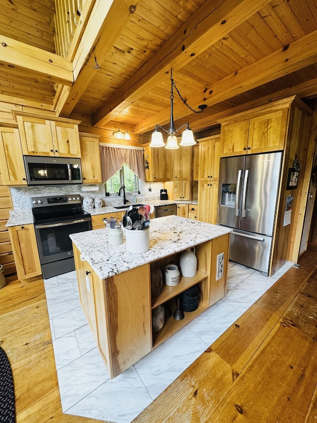 362 N Raymond Rd, Poland, ME 04274 - kitchen featuring stainless steel appliances, a kitchen island, open shelves, light stone countertops, and decorative light fixtures