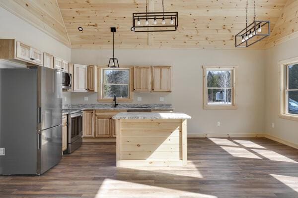 18 Thayer Way, Bethel, ME 04217 - kitchen featuring stainless steel appliances, wood ceiling, light brown cabinets, dark wood-type flooring, and pendant lighting