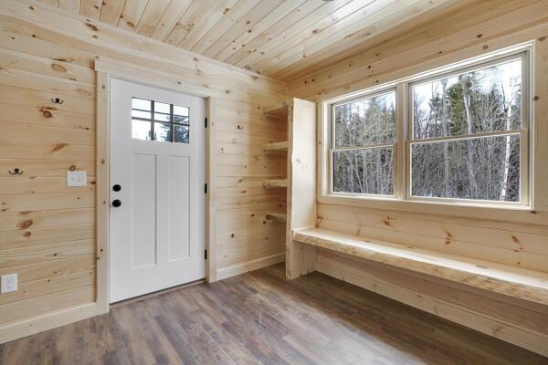 18 Thayer Way, Bethel, ME 04217 - entrance foyer with wood ceiling, wooden walls, and wood finished floors