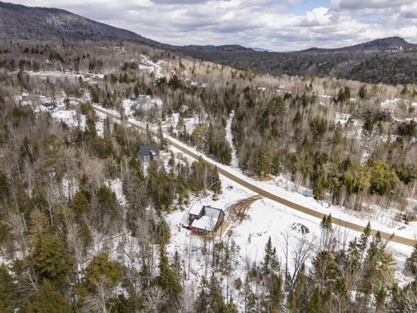 18 Thayer Way, Bethel, ME 04217 - snowy aerial view featuring a mountain view and a wooded view