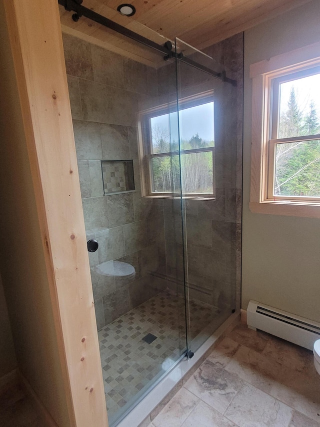 18 Thayer Way, Bethel, ME 04217 - full bath featuring baseboard heating, a shower stall, and wooden ceiling