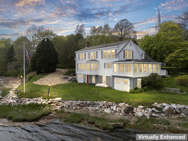 15 Church Ln, Phippsburg, ME 04562 - rear view of property featuring a sunroom, a chimney, and a yard