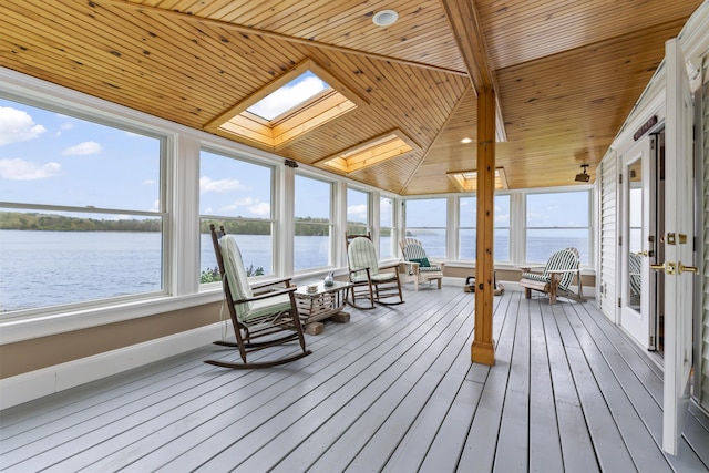 15 Church Ln, Phippsburg, ME 04562 - sunroom / solarium with a skylight, wooden ceiling, french doors, a water view, and hardwood / wood-style floors