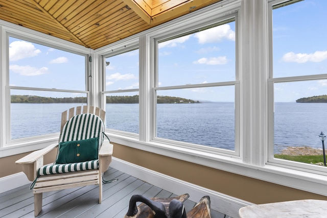 15 Church Ln, Phippsburg, ME 04562 - sunroom / solarium featuring wood ceiling, a water view, lofted ceiling, baseboards, and wood finished floors