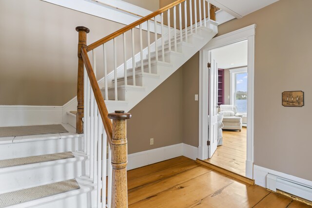 15 Church Ln, Phippsburg, ME 04562 - stairway featuring hardwood / wood-style floors and a baseboard radiator