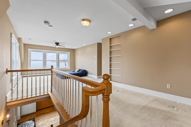 15 Church Ln, Phippsburg, ME 04562 - stairway featuring a ceiling fan, baseboards, recessed lighting, and carpet