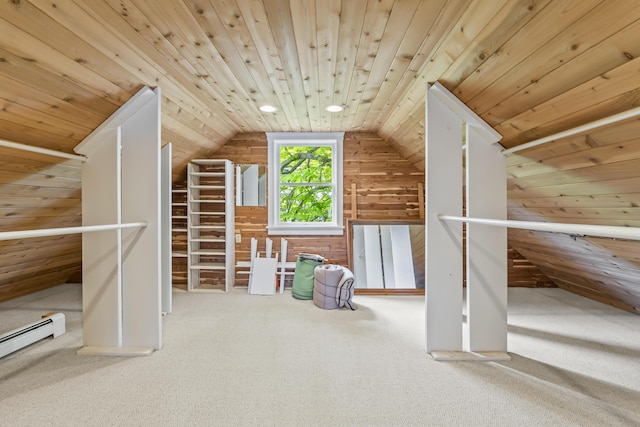 15 Church Ln, Phippsburg, ME 04562 - bonus room featuring wood walls, carpet floors, wooden ceiling, lofted ceiling, and a baseboard radiator