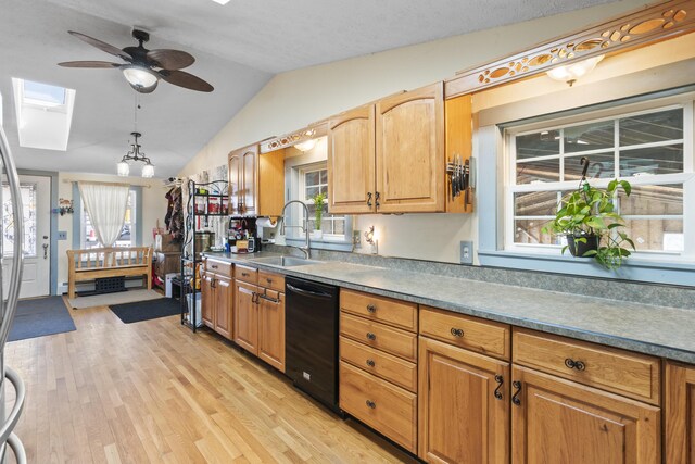 450 W Rd, Waterboro, ME 04087 - kitchen with a sink, black dishwasher, a skylight, light wood-style floors, and a ceiling fan