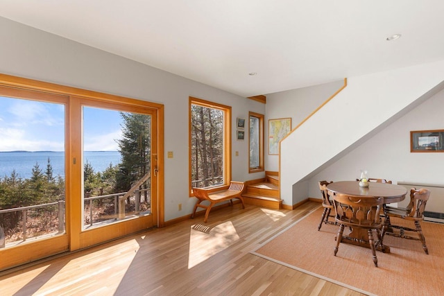 15 Eds Rd, Camden, ME 04843 - dining area featuring a water view, wood finished floors, and stairway