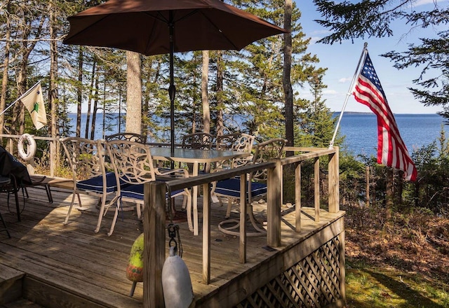 15 Eds Rd, Camden, ME 04843 - wooden terrace featuring a water view and outdoor dining area