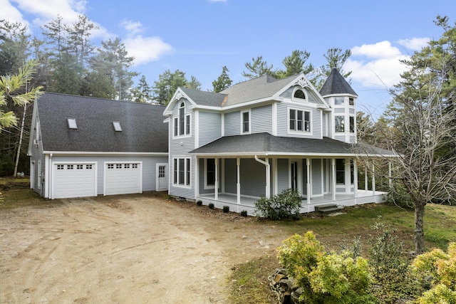 39 Catlin Shore Rd, Harpswell, ME 04079 - victorian house featuring dirt driveway, covered porch, an attached garage, and a shingled roof