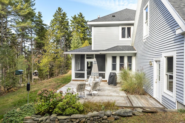 39 Catlin Shore Rd, Harpswell, ME 04079 - rear view of property with a sunroom, a deck, and roof with shingles