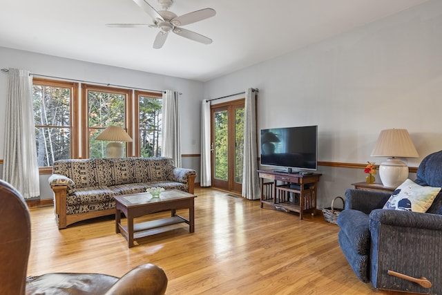39 Catlin Shore Rd, Harpswell, ME 04079 - living room featuring a ceiling fan and light wood-style flooring