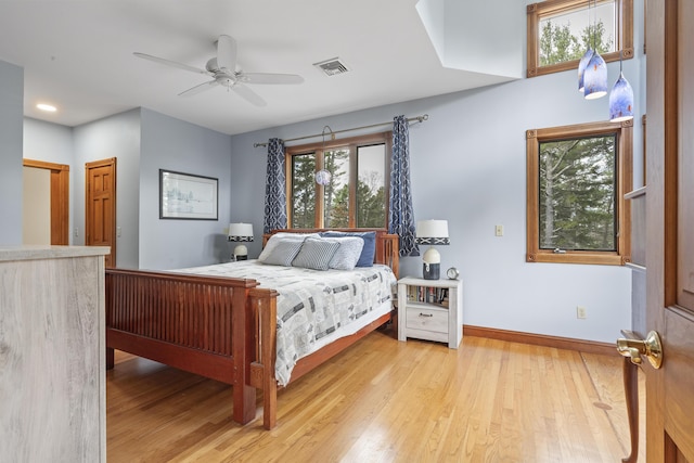 39 Catlin Shore Rd, Harpswell, ME 04079 - bedroom with light wood-type flooring, baseboards, a ceiling fan, and recessed lighting