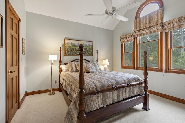 39 Catlin Shore Rd, Harpswell, ME 04079 - bedroom featuring carpet, baseboards, lofted ceiling, and a ceiling fan