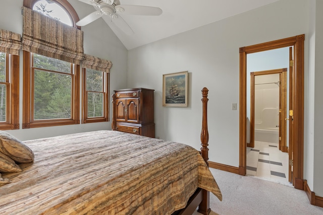 39 Catlin Shore Rd, Harpswell, ME 04079 - bedroom with vaulted ceiling, baseboards, carpet flooring, ensuite bathroom, and ceiling fan