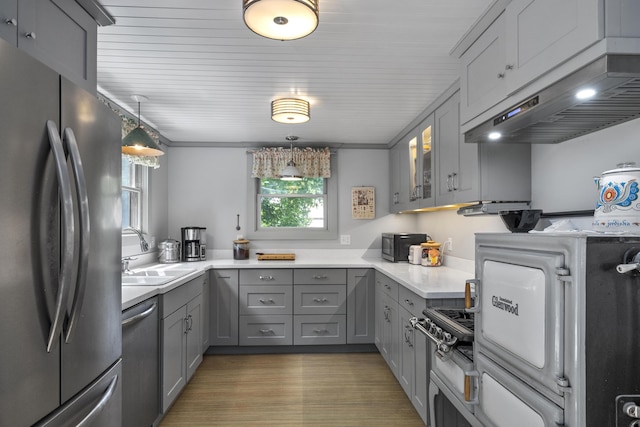 kitchen with exhaust hood, appliances with stainless steel finishes, gray cabinetry, a sink, and light countertops