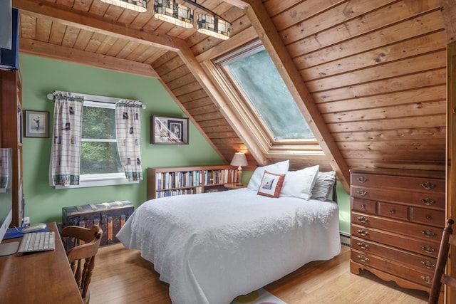 bedroom featuring wooden ceiling, lofted ceiling with skylight, and wood finished floors