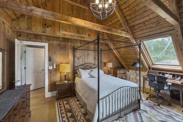bedroom with wood finished floors, wooden ceiling, wooden walls, an inviting chandelier, and vaulted ceiling with beams