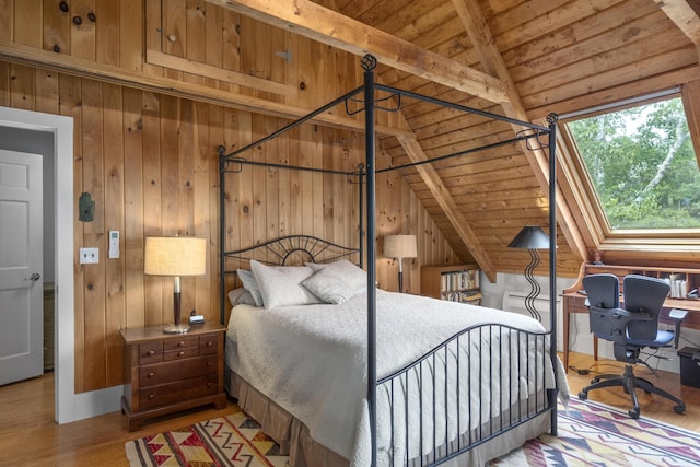 bedroom with wood walls, lofted ceiling with beams, wood ceiling, and wood finished floors