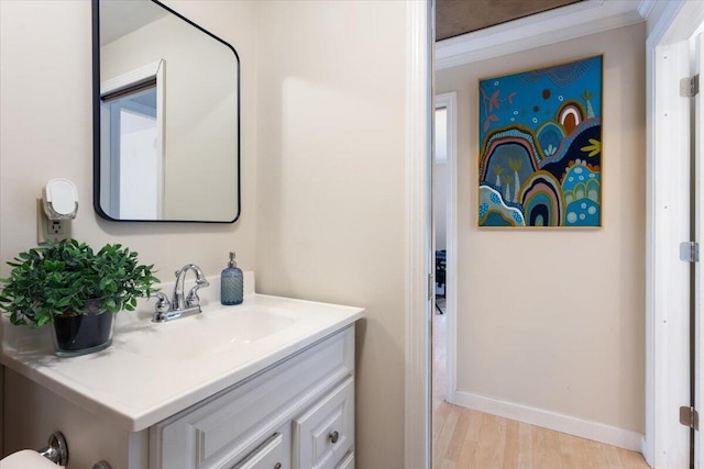 bathroom featuring wood finished floors, vanity, and baseboards