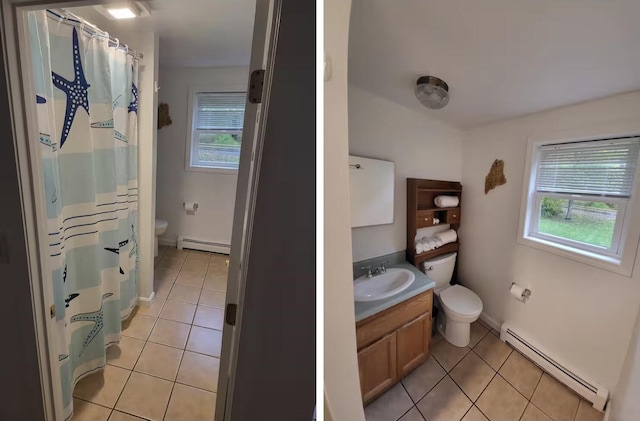 full bathroom featuring a baseboard heating unit, toilet, healthy amount of natural light, and tile patterned floors