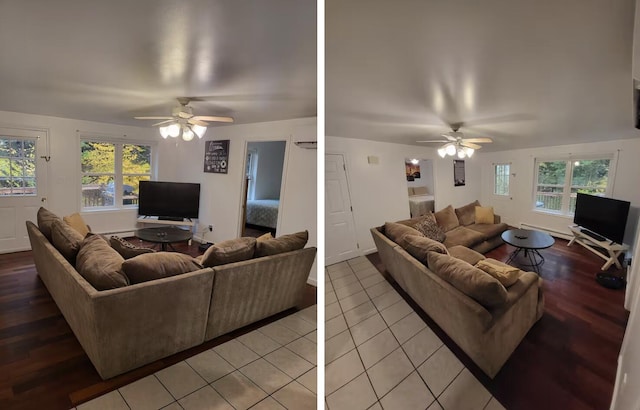 living area with ceiling fan, baseboard heating, and light wood finished floors