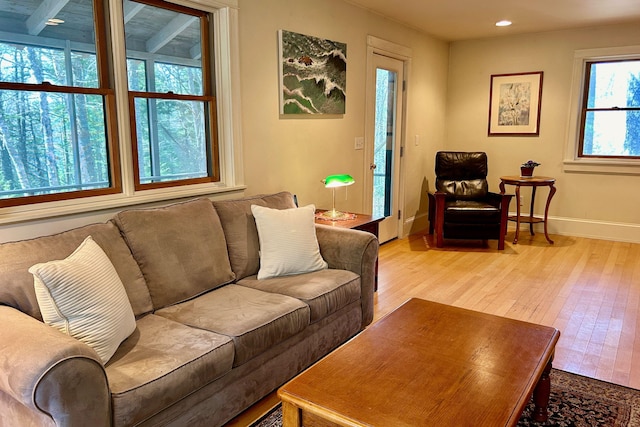 67 Rob Rd, Brooklin, ME 04616 - living room featuring light wood-style flooring, baseboards, and recessed lighting