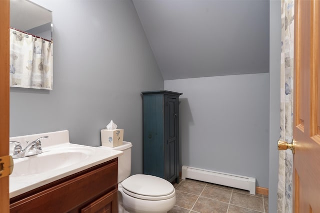full bathroom with vanity, vaulted ceiling, baseboard heating, toilet, and tile patterned floors