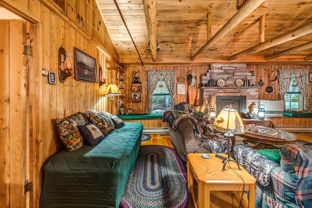 32 Seymour Cove Rd, Bowerbank, ME 04426 - living area featuring wood walls, a wooden ceiling with exposed beams, wood finished floors, a glass covered fireplace, and a baseboard radiator