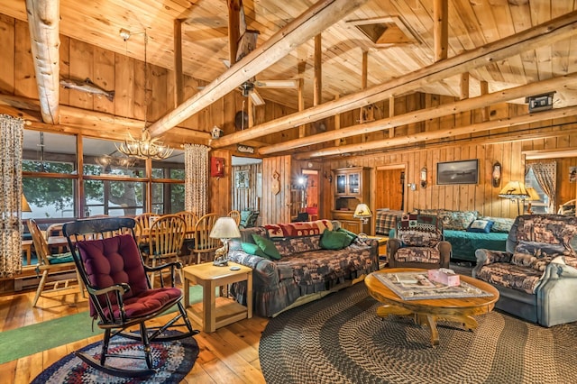 32 Seymour Cove Rd, Bowerbank, ME 04426 - living area with wooden ceiling, wooden walls, a chandelier, hardwood / wood-style flooring, and ceiling fan