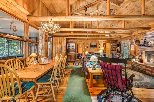 32 Seymour Cove Rd, Bowerbank, ME 04426 - dining room featuring wooden walls, hardwood / wood-style flooring, wooden ceiling, a chandelier, and a fireplace
