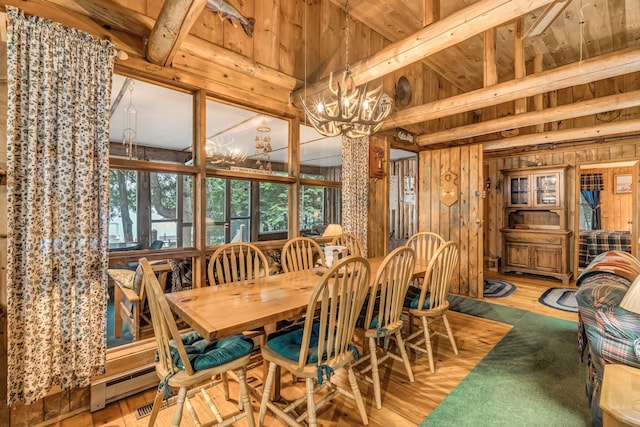 32 Seymour Cove Rd, Bowerbank, ME 04426 - dining space featuring wood walls, a chandelier, wood finished floors, wooden ceiling, and a baseboard heating unit