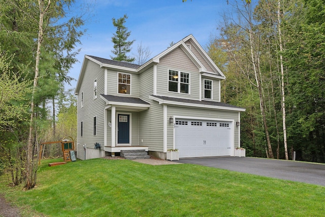 33 Old Dynamite Way, Gorham, ME 04038 - traditional-style home with a garage, asphalt driveway, a front yard, and a shingled roof