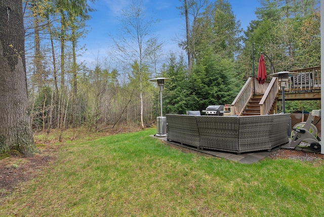 33 Old Dynamite Way, Gorham, ME 04038 - view of grassy yard with stairs, a deck, and outdoor lounge area
