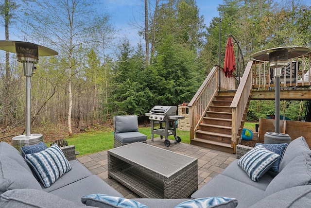 33 Old Dynamite Way, Gorham, ME 04038 - view of patio / terrace featuring stairs, an outdoor living space, area for grilling, and a wooden deck