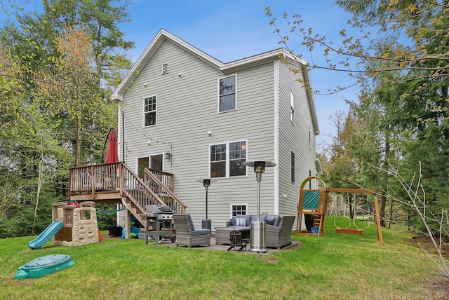 33 Old Dynamite Way, Gorham, ME 04038 - rear view of house with a playground, an outdoor hangout area, a lawn, and stairway
